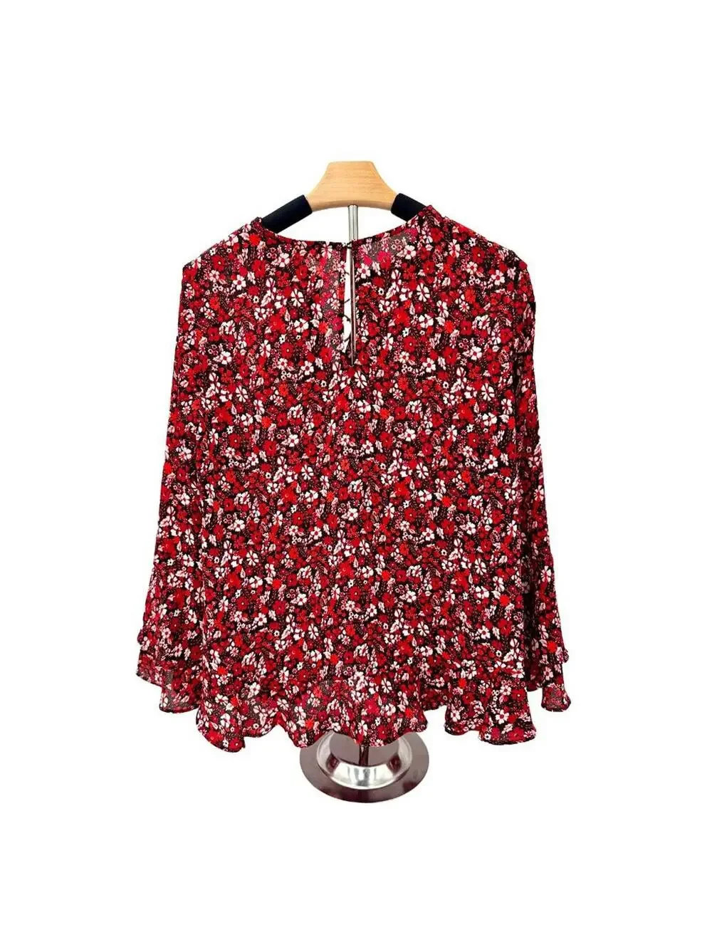 Michael Kors Cranberry Red Floral‎ Long Sleeve Keyhole Ruffle Hem Blouse Sz S